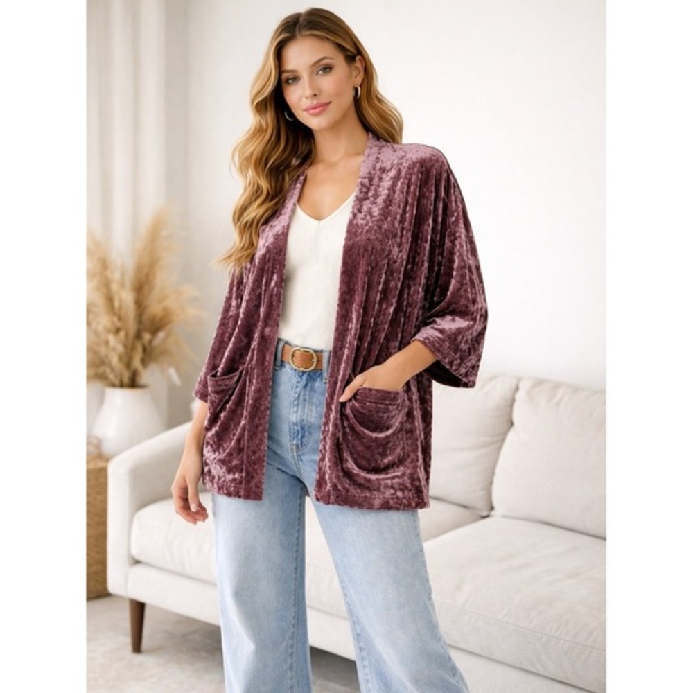 American Eagle Oversized Crushed Velvet Kimono Cardigan Women XS Mauve Lagenlook